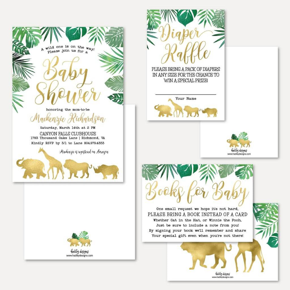 Gold Safari Baby Shower Invitation Suite Printable Template