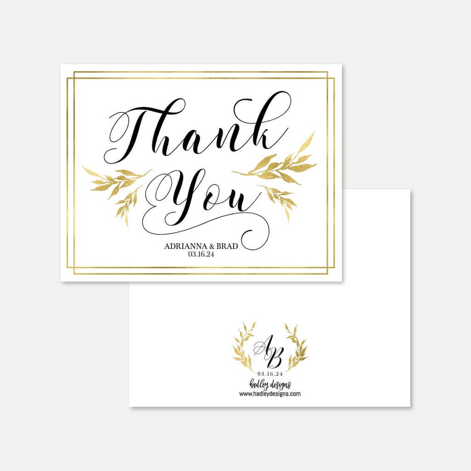 Printable Gold Shimmer Laurel Wedding Thank You Card Template | Hadley ...