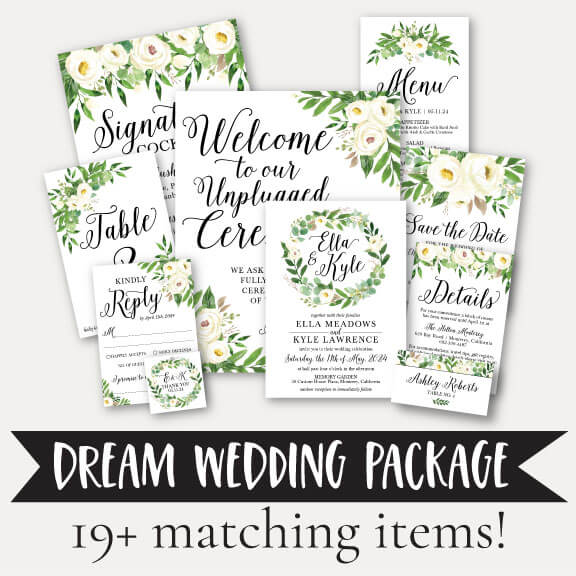 Greenery Wreath Wedding Complete Package Set Printable Template