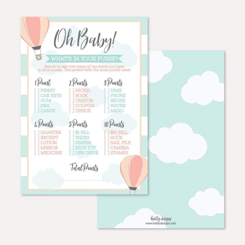  Hot Air Balloon Baby Shower What's In Your Purse Game Printable Template