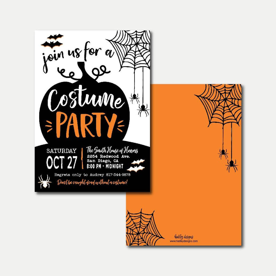 Pumpkin and Spiderwebs Costume Invitation Printable Template 