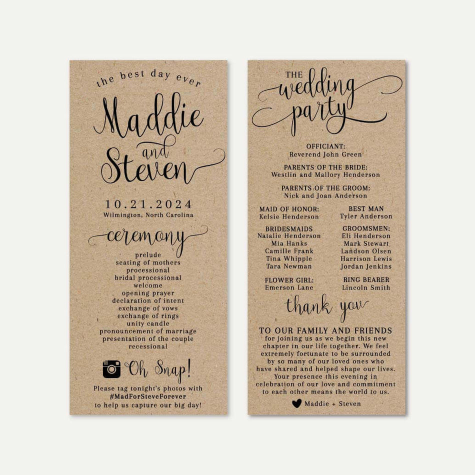 Kraft Calligraphy Wedding Program Printable Template