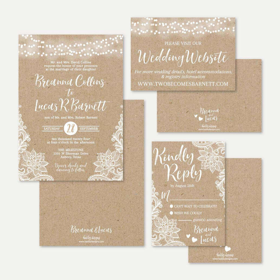 Kraft Lace Rustic Wedding Invitation Suite Printable Template