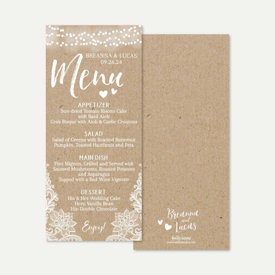 Kraft Lace Rustic Wedding Menu Printable Template
