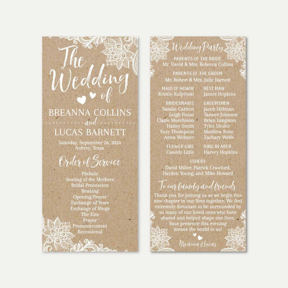 Printable Kraft Lace Rustic Wedding Program Template | Hadley Designs ...