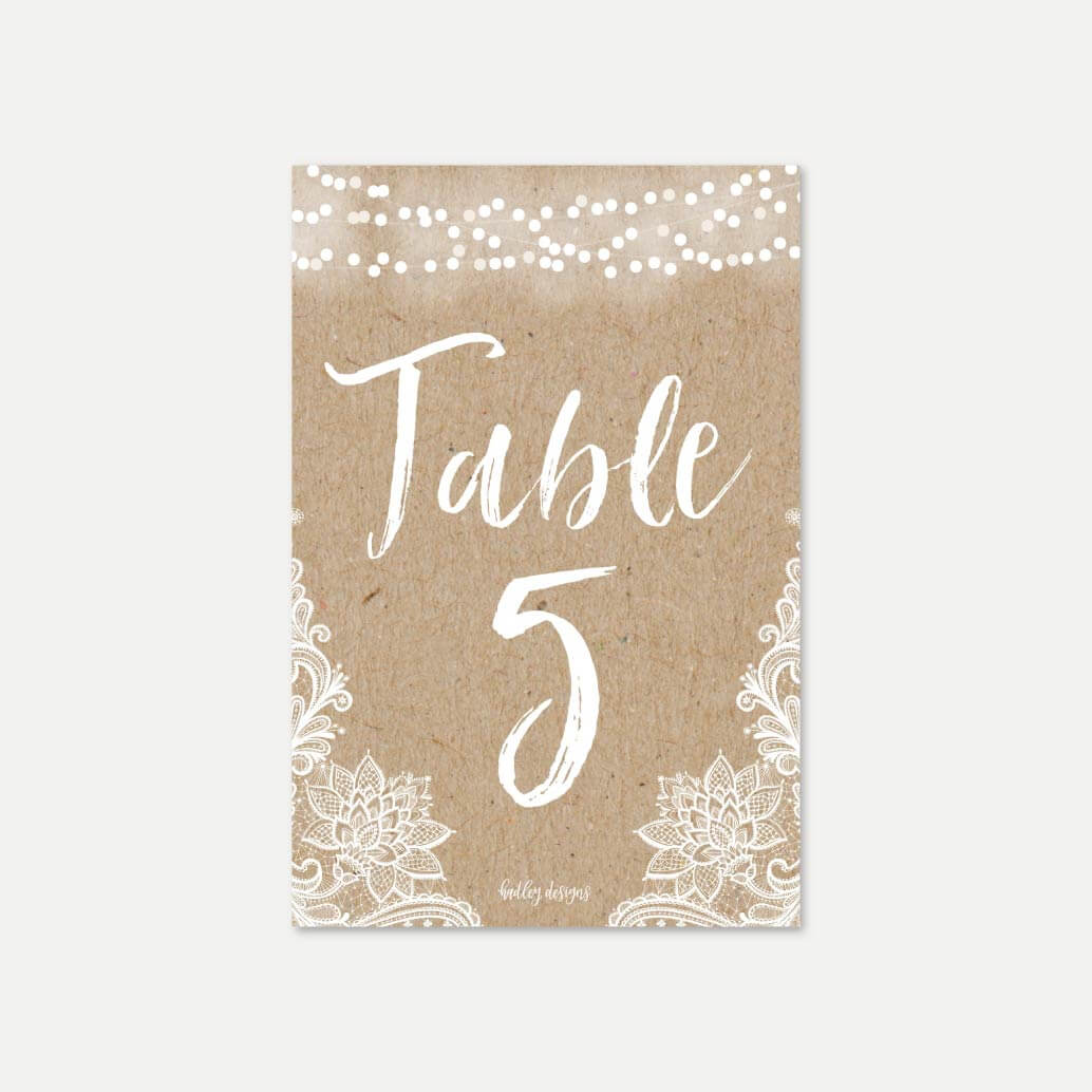 Printable Kraft Lace Rustic Wedding Table Numbers Template | Hadley Designs
