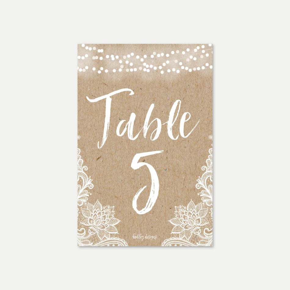 Kraft Lace Rustic Wedding Table Numbers Printable Template