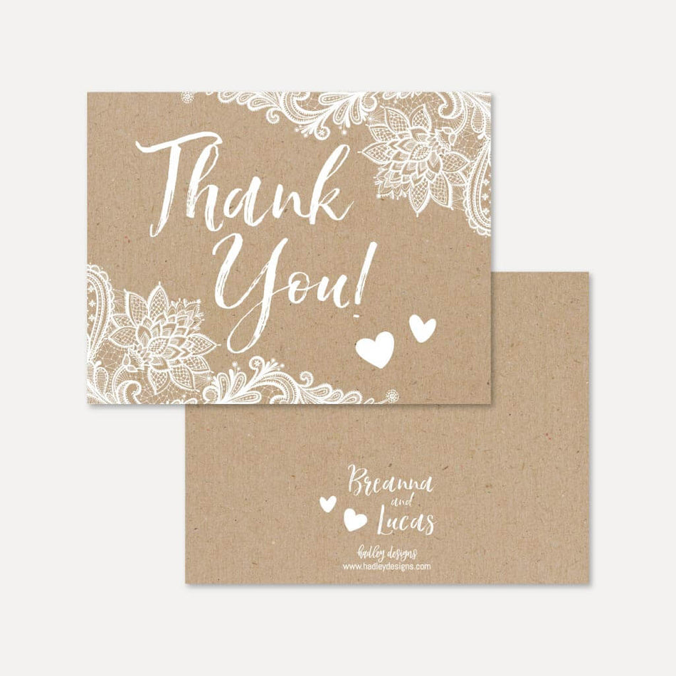 Printable Kraft Lace Rustic Wedding Thank You Card Template | Hadley ...