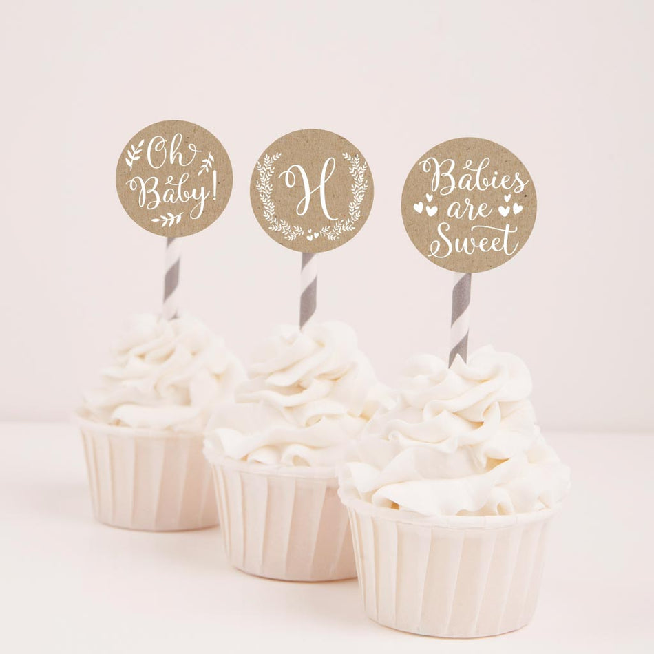 Kraft and White Floral Baby Shower Cupcake Toppers Printable Template
