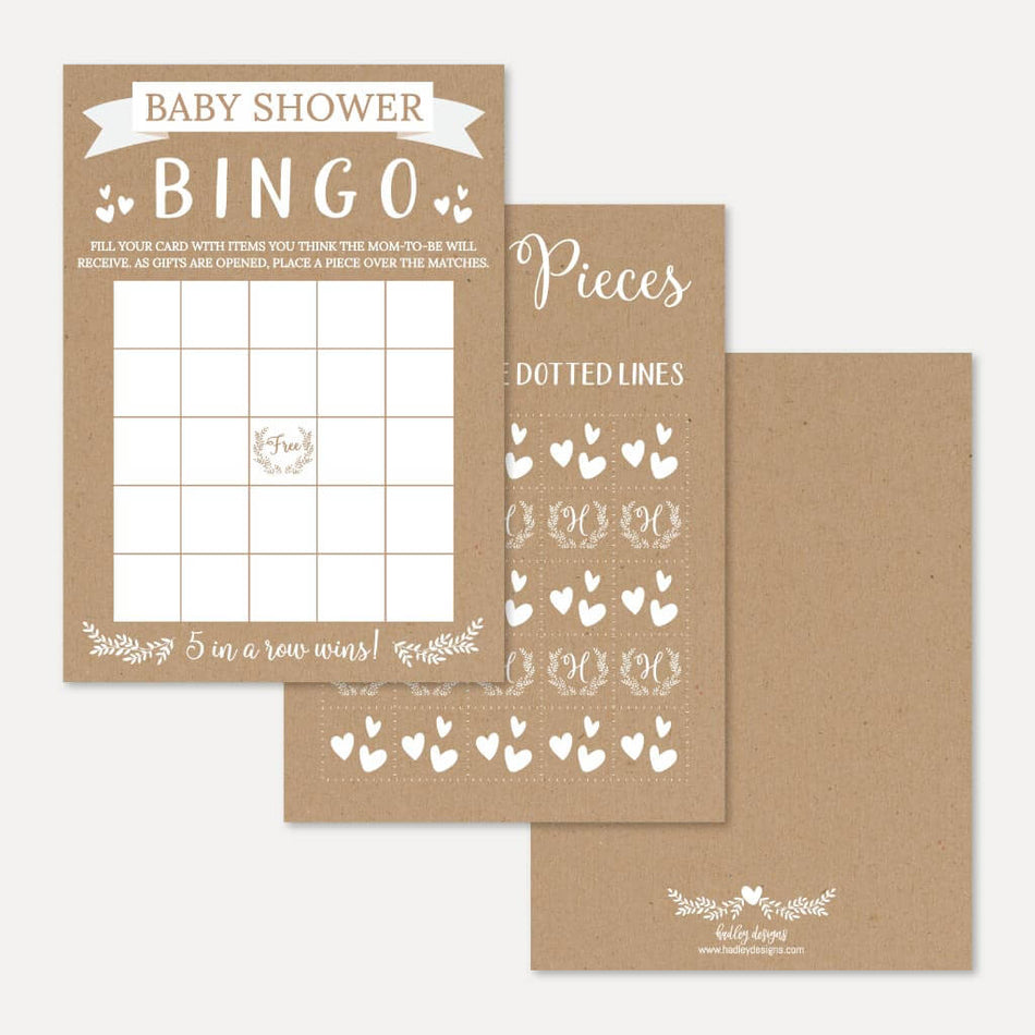 Kraft and White Floral Baby Shower Bingo Game Printable Template