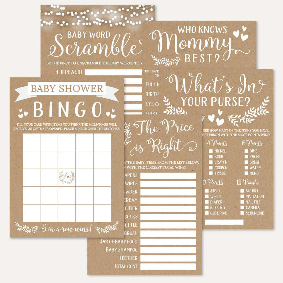 Kraft and White Floral Baby Shower Games Set Printable Template