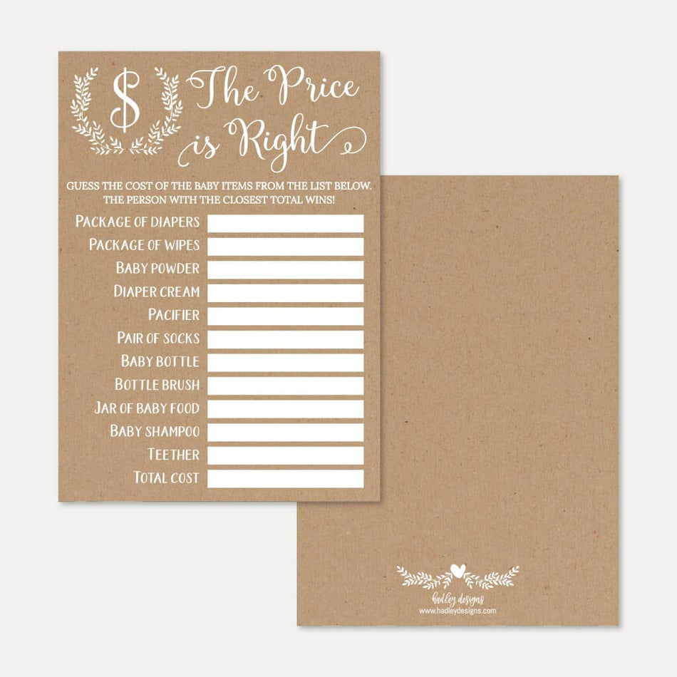 Kraft and White Floral Baby Shower Price is Right Game Printable Template