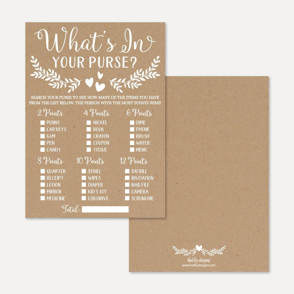 Printable Kraft and White Floral Baby Shower What's In Your Purse? Game ...