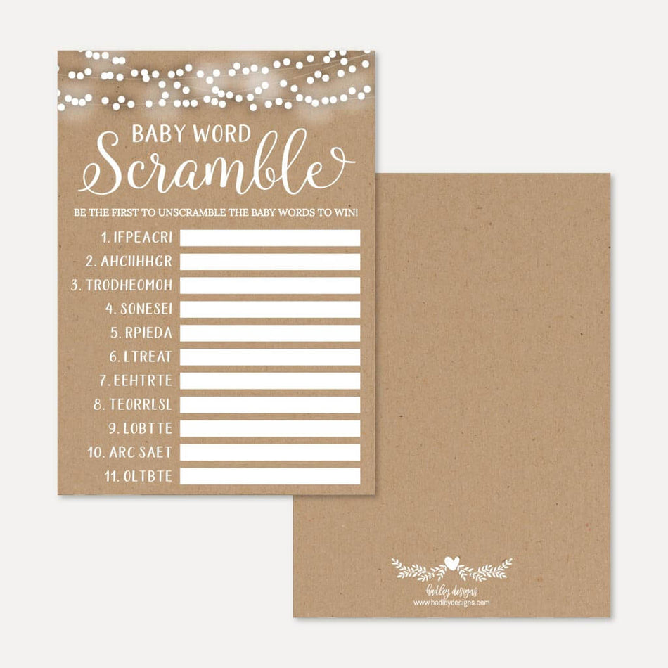 Kraft and White Floral Baby Shower Word Scramble Game Printable Template