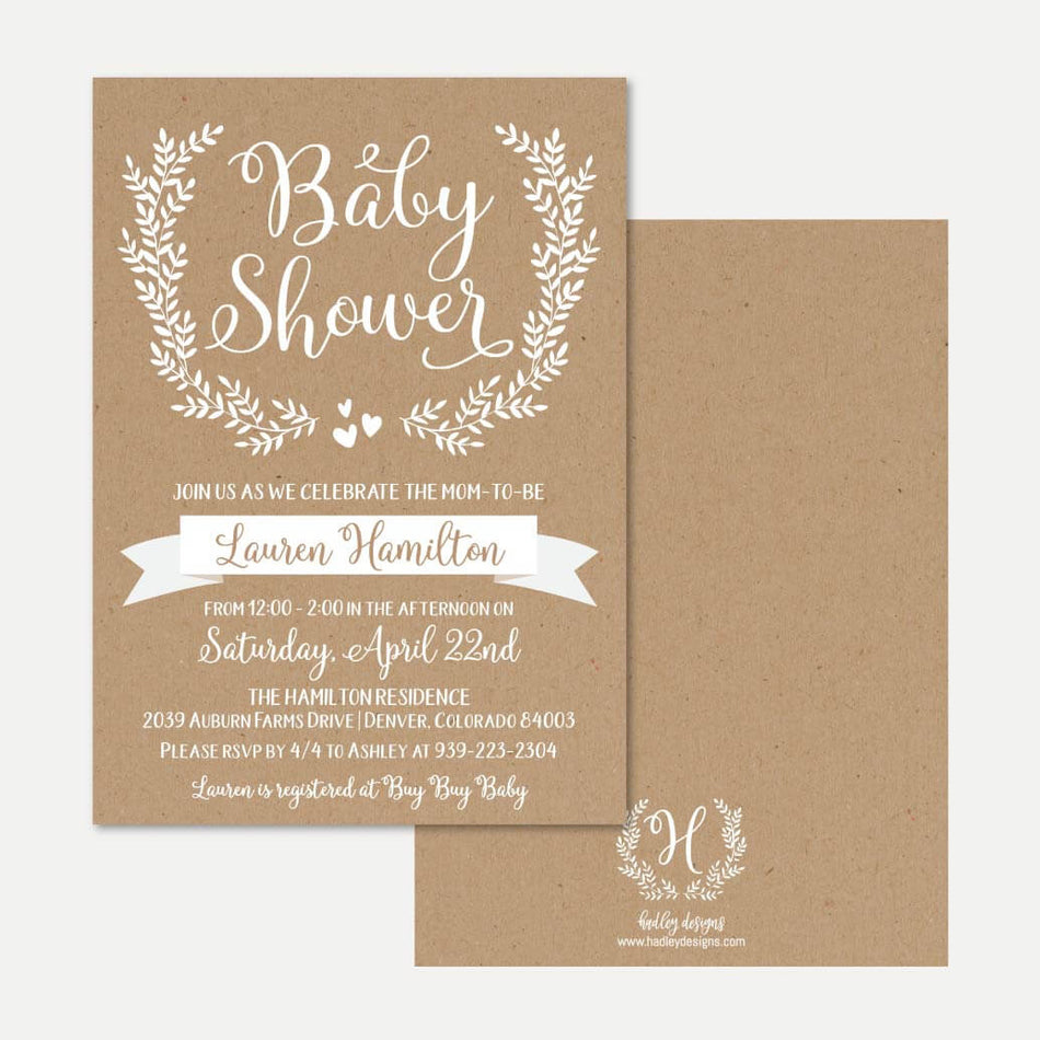 Kraft and White Floral Baby Shower Invitation Printable Template