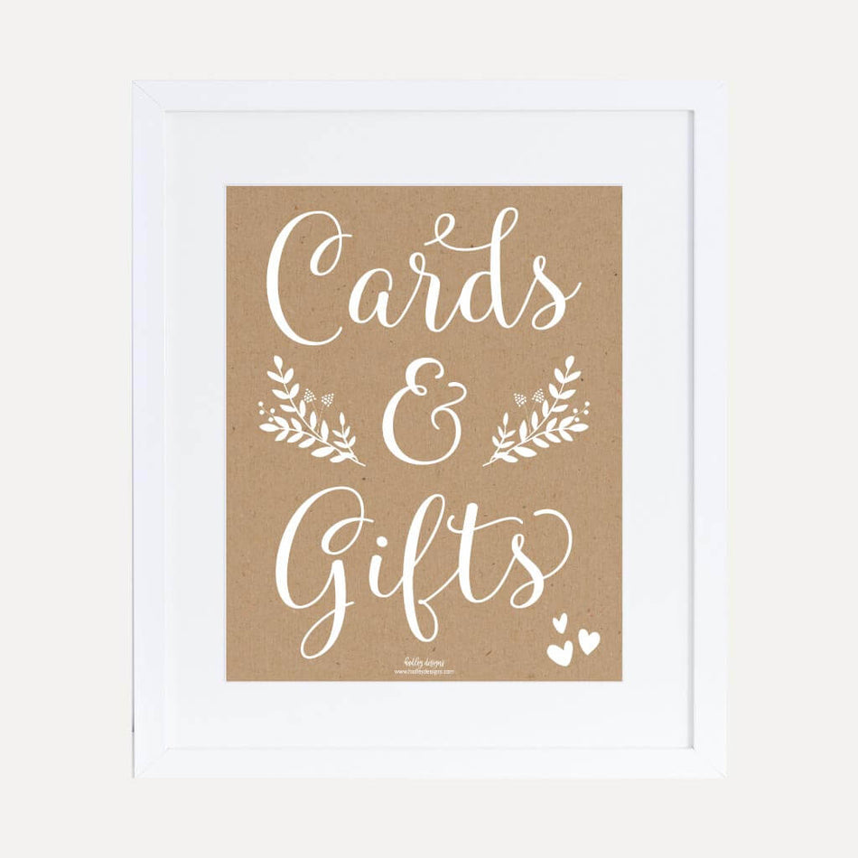 Kraft and White Floral Baby Shower Cards and Gifts Sign Printable Template