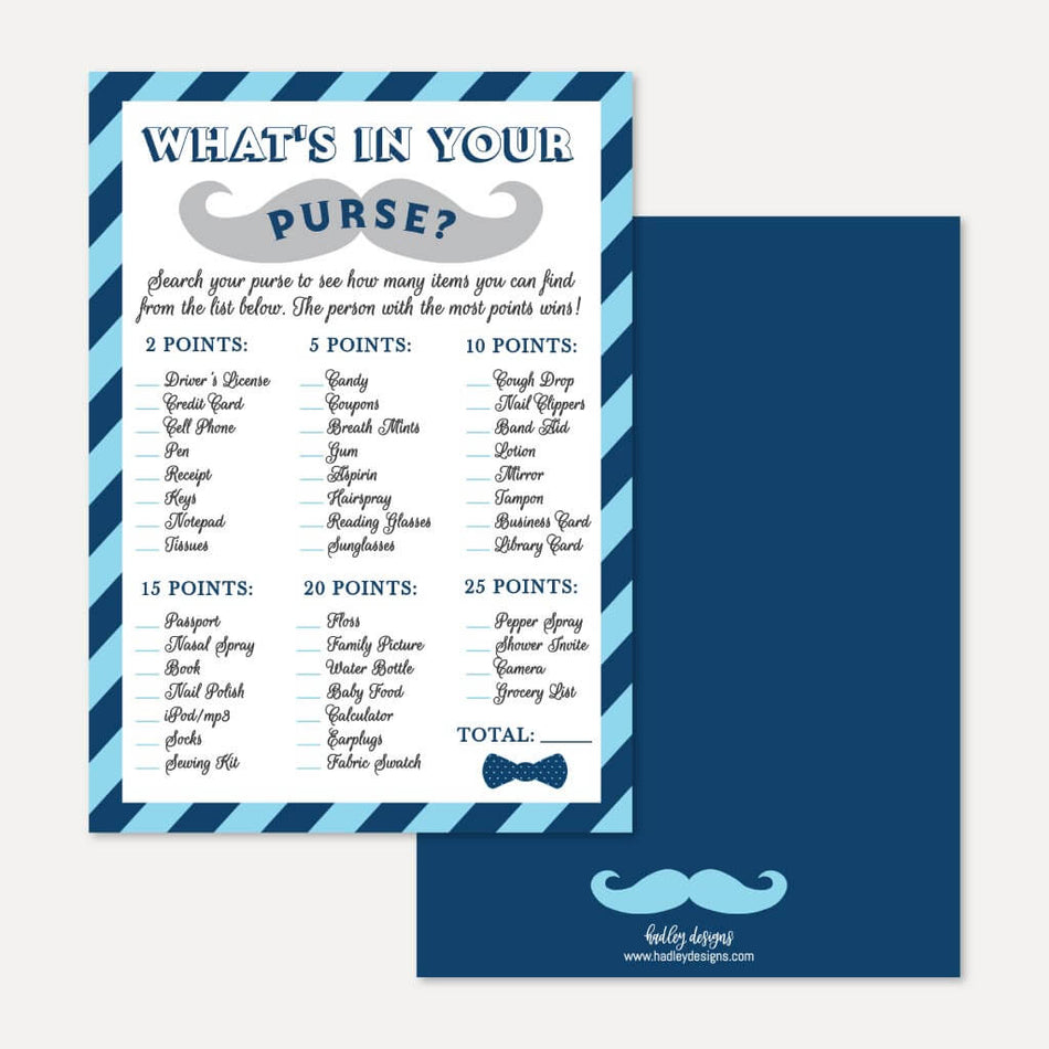 Printable Little Man Baby Shower What's In Your Purse? Game Template ...