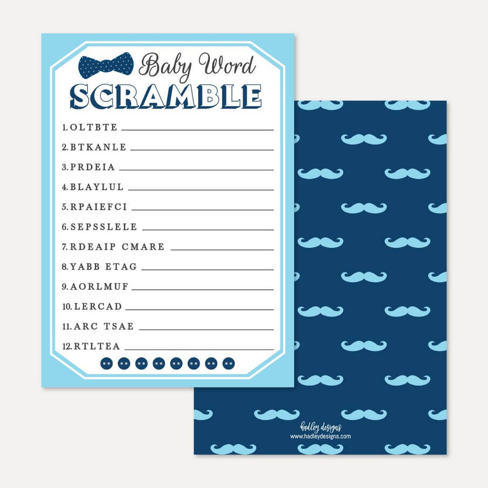 Little Man Baby Shower Word Scramble Game Printable Template