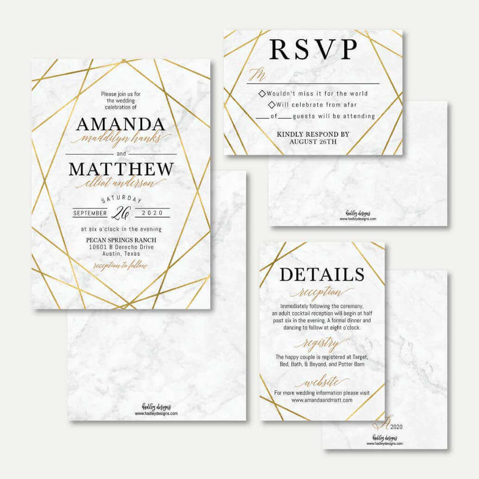 Marble and Gold Geometric Wedding Invitation Suite Printable Template