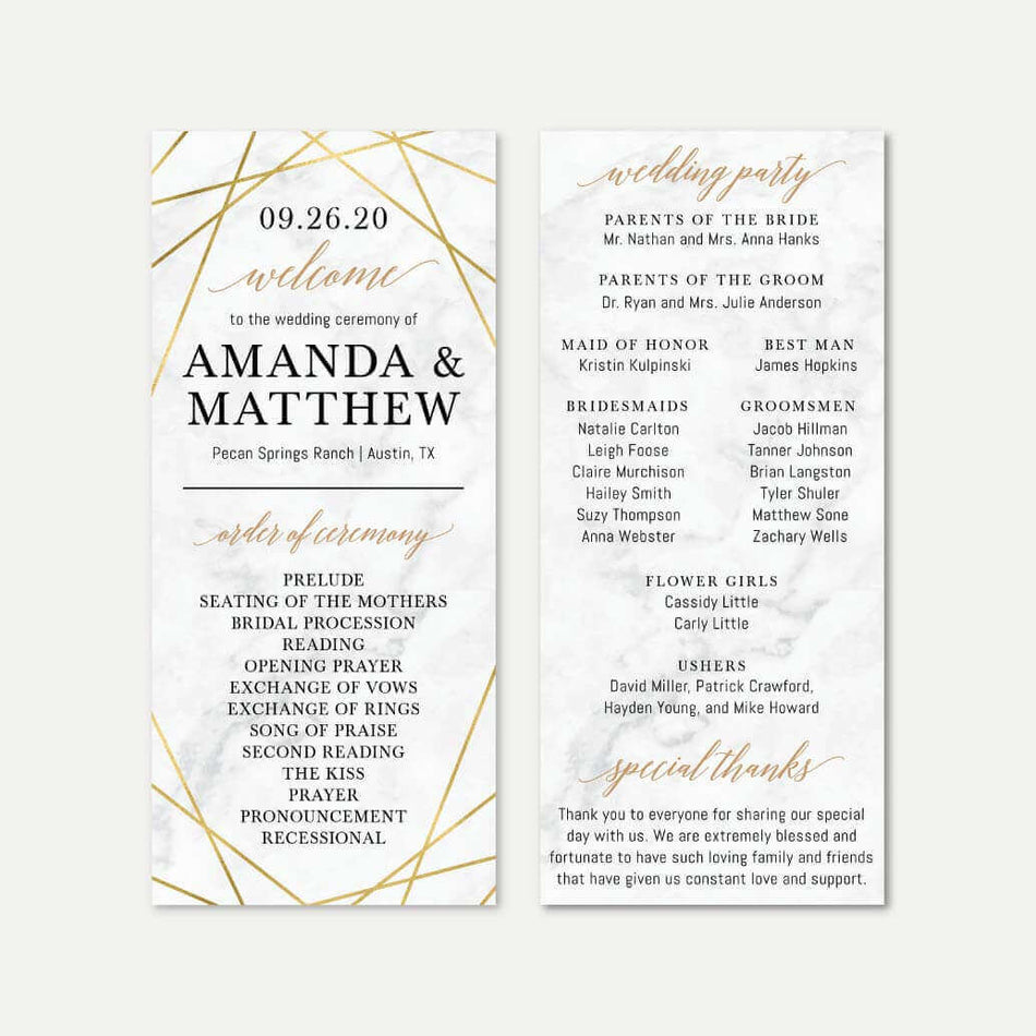 Marble and Gold Geometric Wedding Program Printable Template