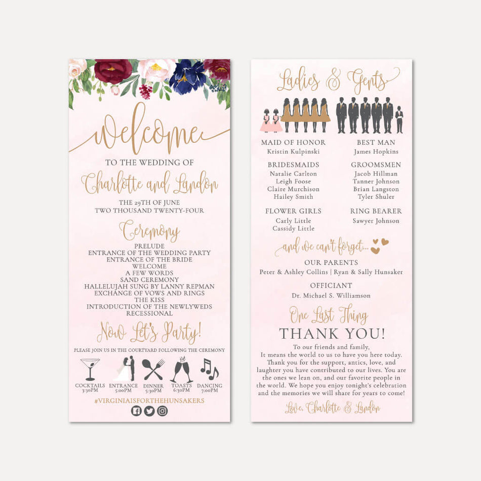 Printable Marsala Wreath Wedding Program Template | Hadley Designs
