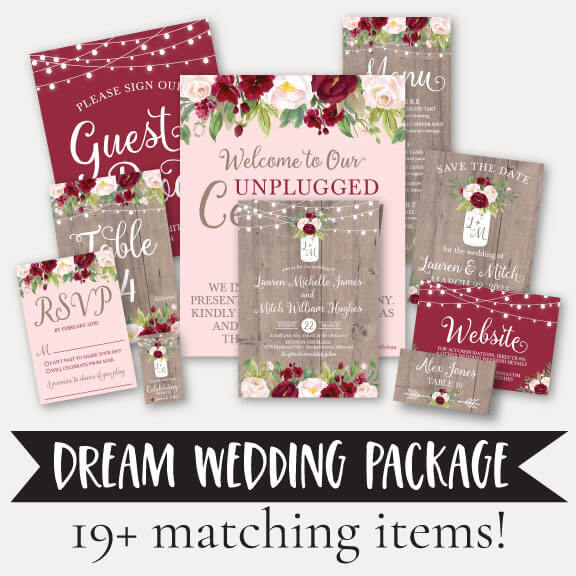Mason Jar Rustic Burgundy Blush Wedding Complete Package Set Printable Template