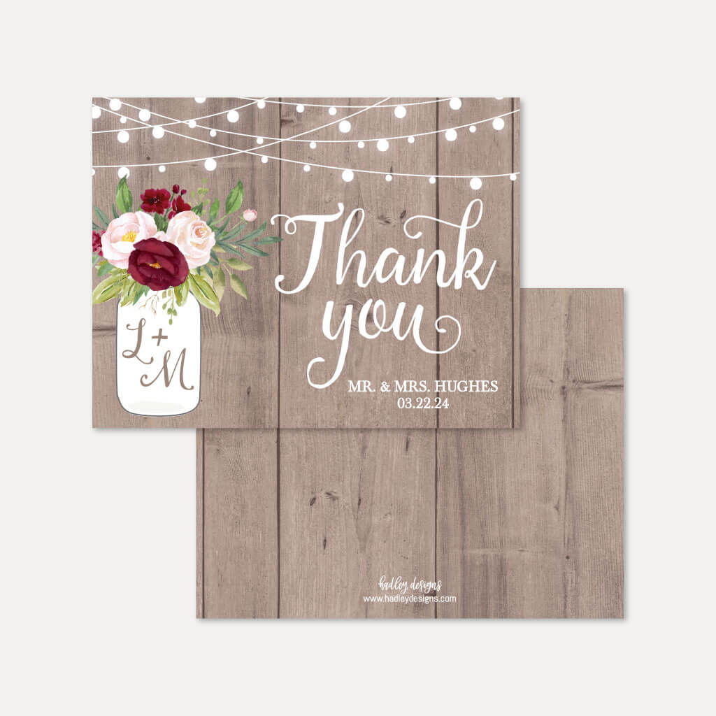 Printable Mason Jar Rustic Burgundy Blush Wedding Thank You Card ...