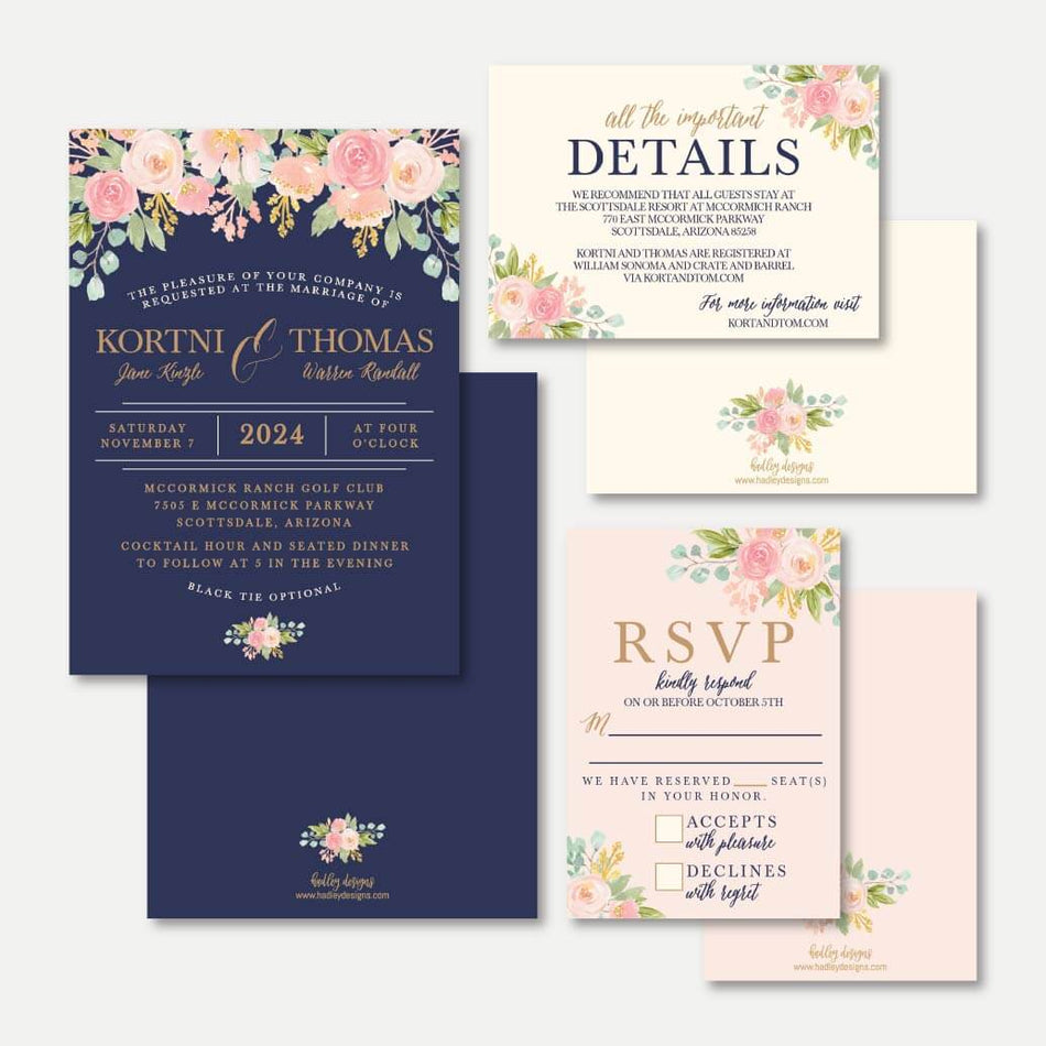 Navy and Blush Elegant Floral Wedding Invitation Suite Printable Template