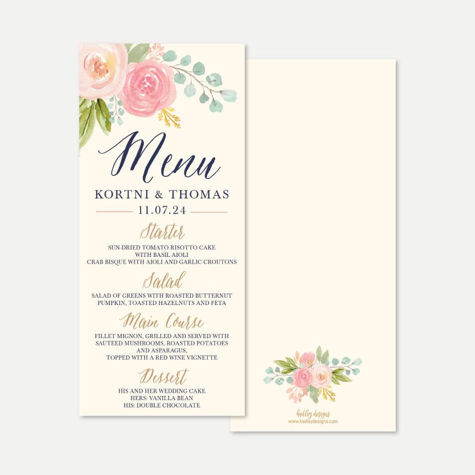 Navy and Blush Elegant Floral Wedding Menu Printable Template