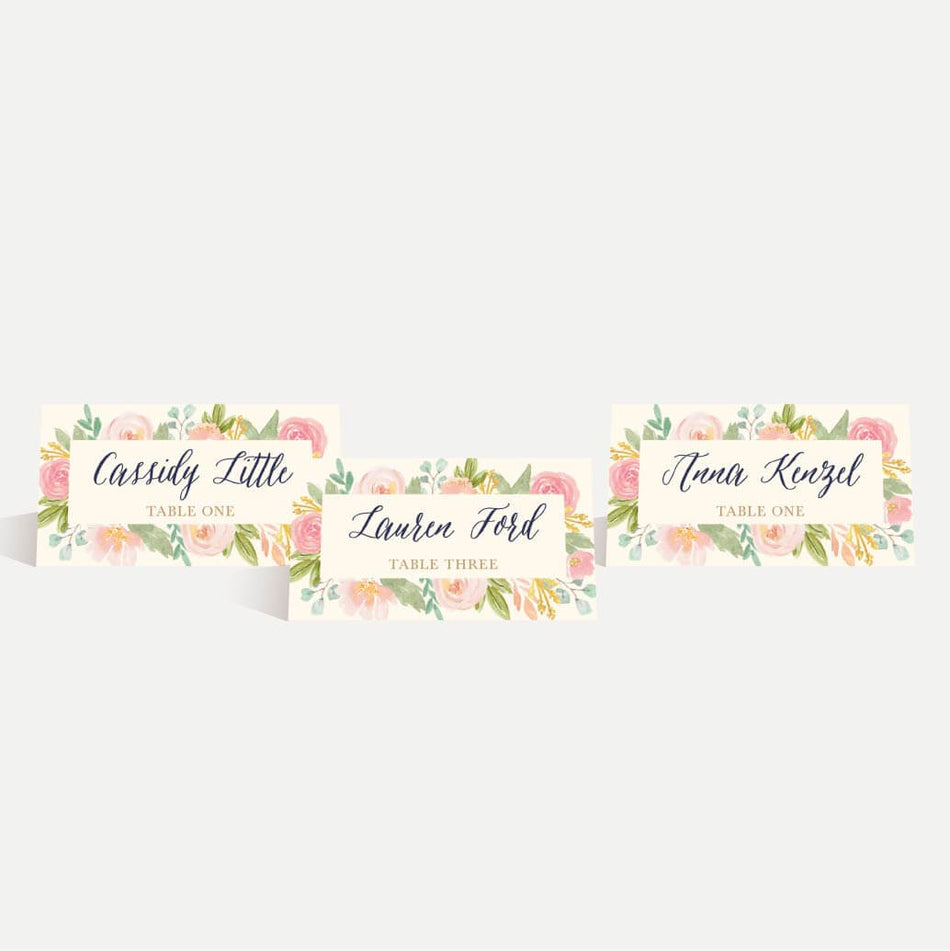 Navy and Blush Elegant Floral Wedding Place Cards Printable Template