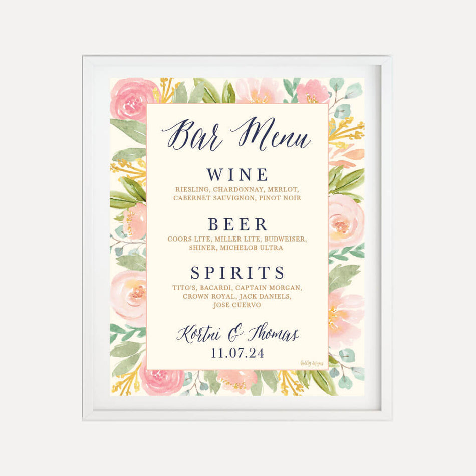 Navy and Blush Elegant Floral Wedding Bar Drinks Sign Printable Template