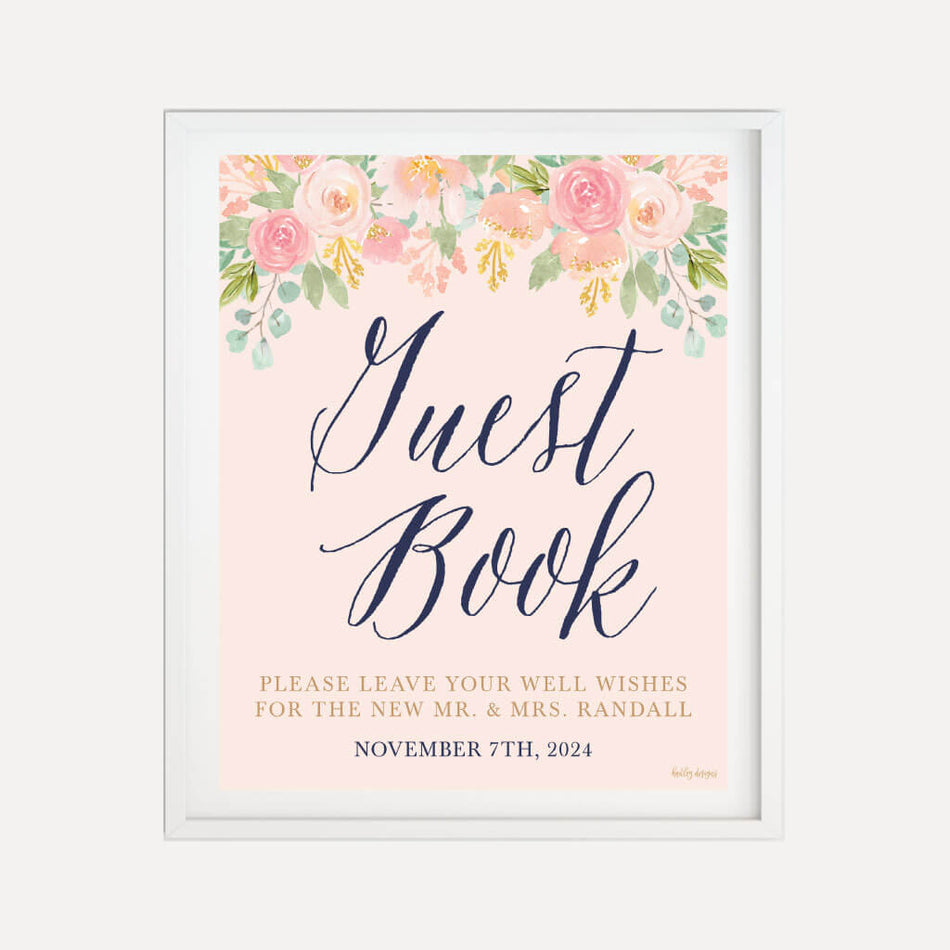 Navy and Blush Elegant Floral Wedding Guestbook Sign Printable Template