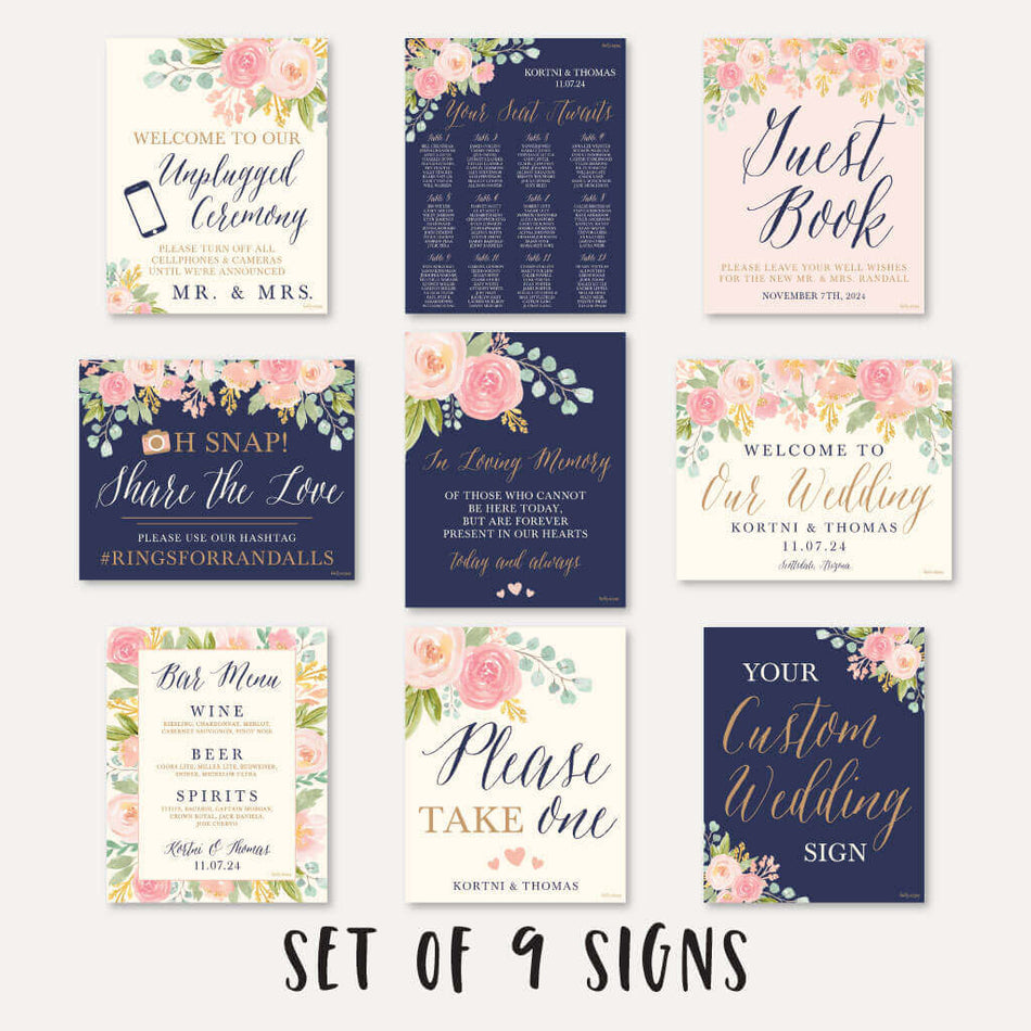 Navy and Blush Elegant Floral Wedding Sign Set Printable Template