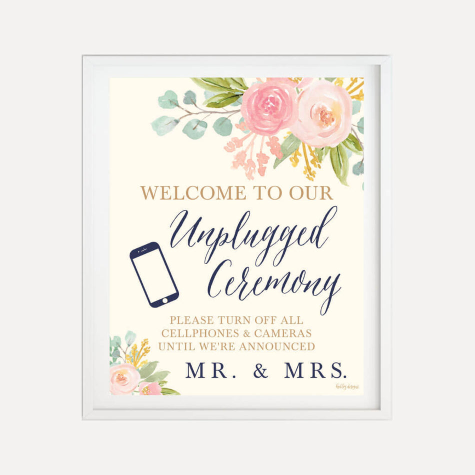 Navy and Blush Elegant Floral Wedding Unplugged Ceremony Sign Printable Template