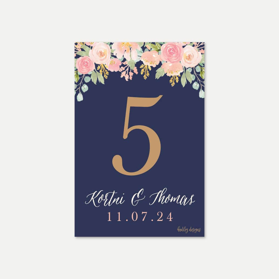 Navy and Blush Elegant Floral Wedding Table Numbers Printable Template