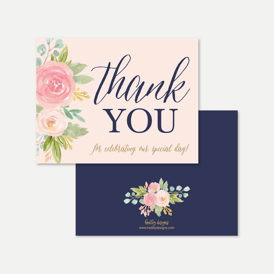 Navy and Blush Elegant Floral Wedding Thank You Card Printable Template