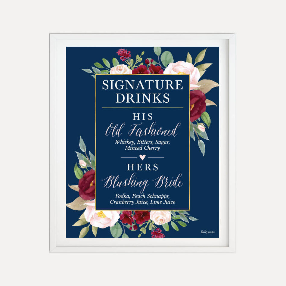 Navy and Blush Fall Floral Wedding Bar Drinks Sign Printable Template