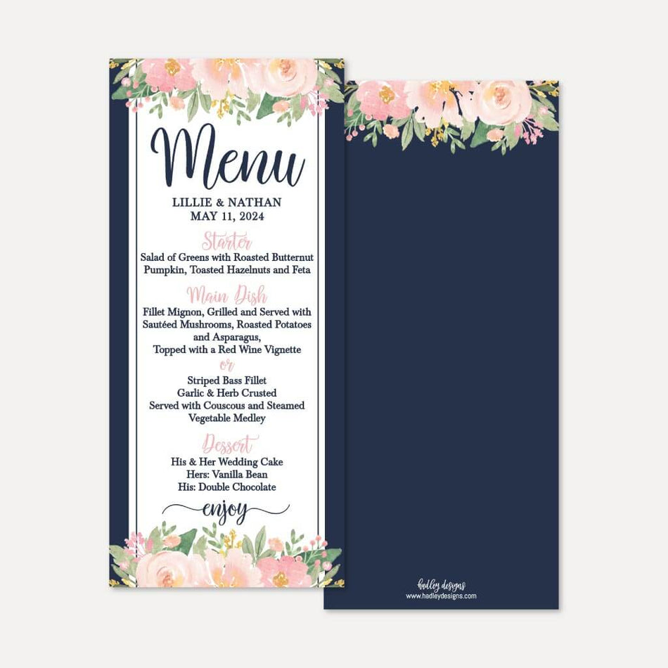 Navy and Blush Floral Wedding Menu Printable Template