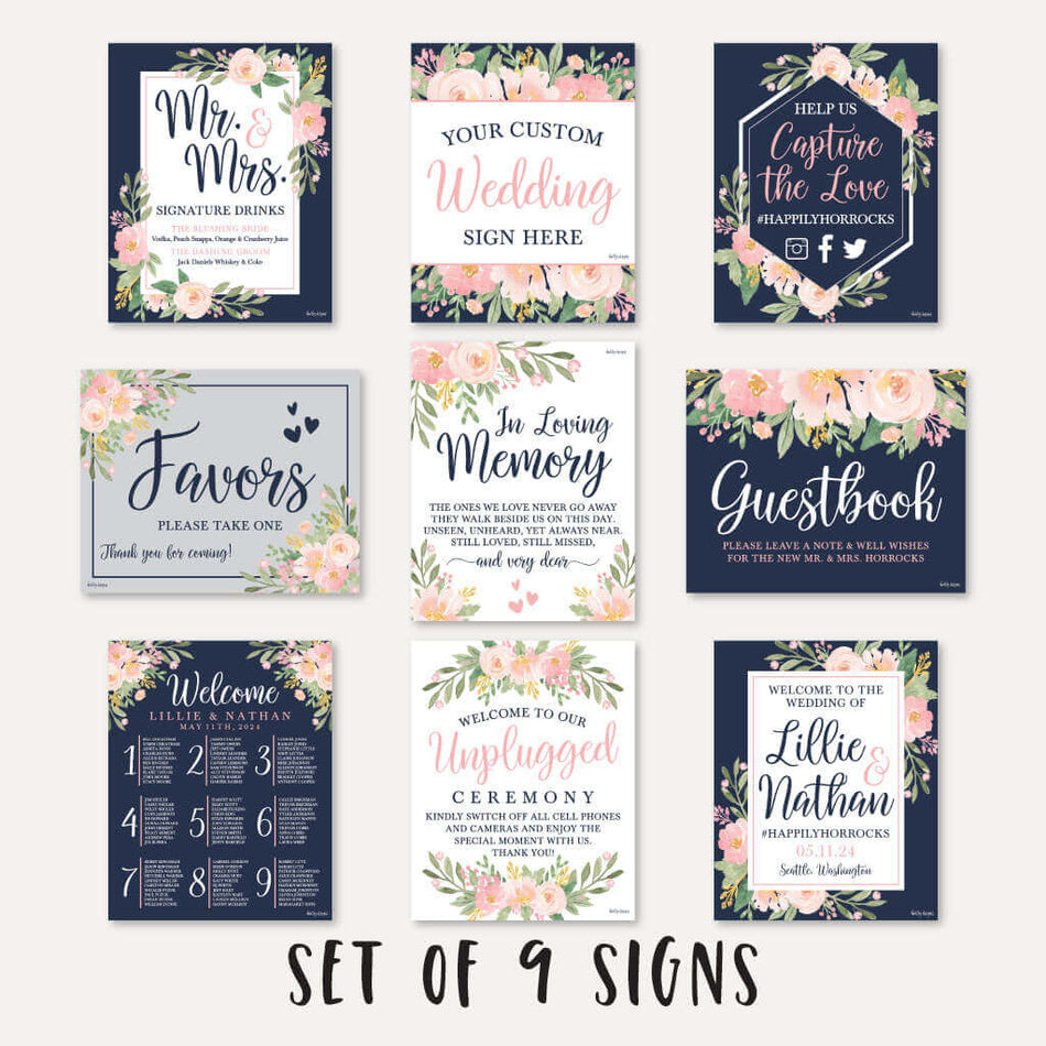 Navy and Blush Floral Wedding Sign Set Printable Template