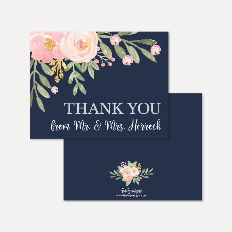 Printable Navy and Blush Floral Wedding Thank You Card Template ...