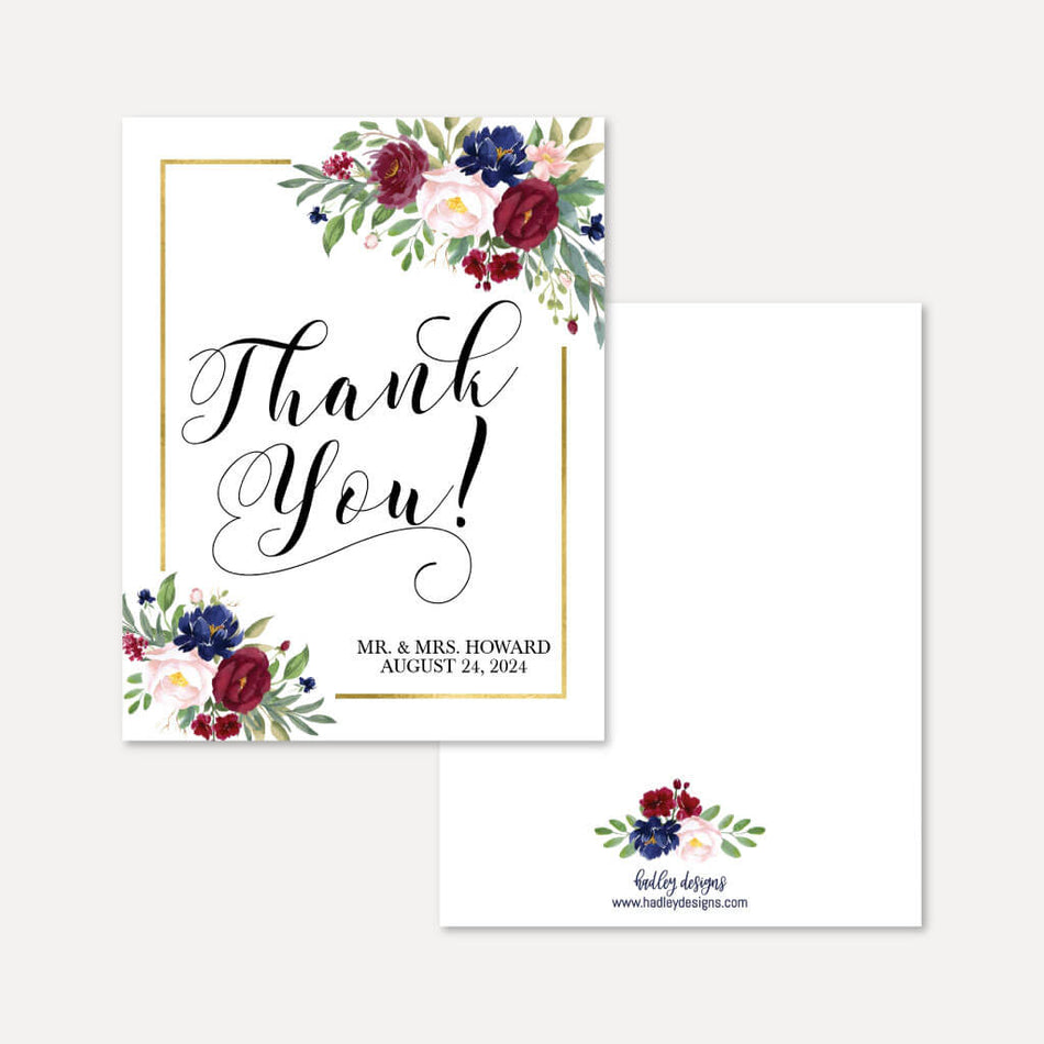 Printable Navy Floral Wedding Thank You Card Template | Hadley Designs ...