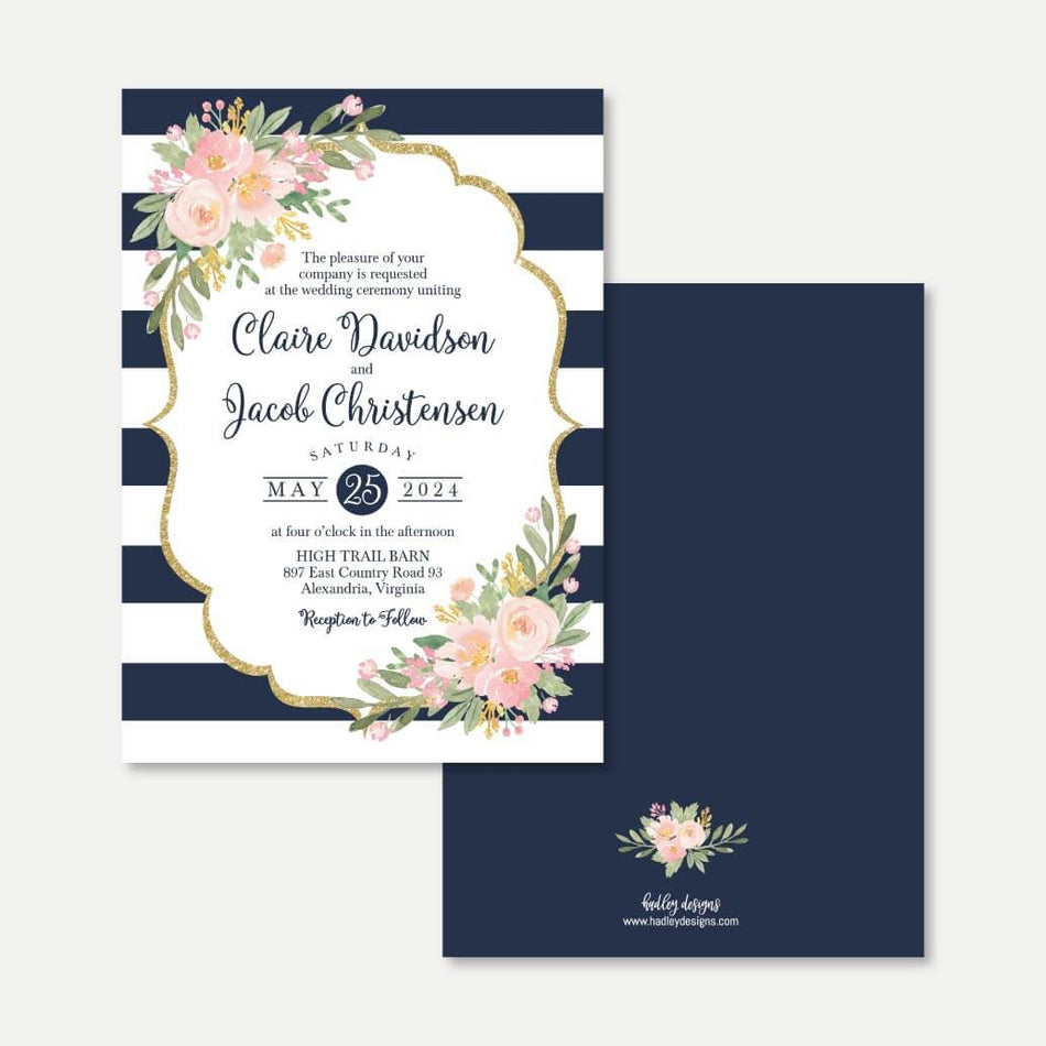 Navy Striped Blush Floral Wedding Invitation Printable Template