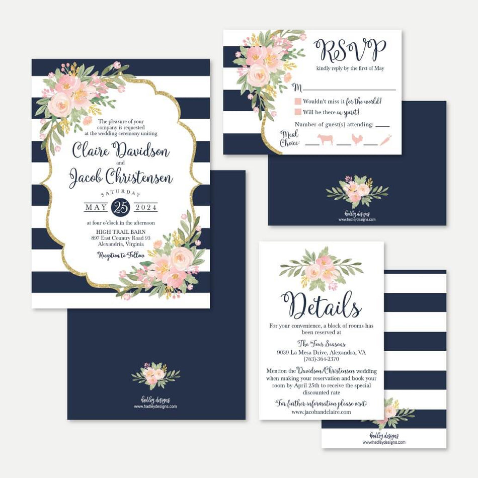 Navy Striped Blush Floral Wedding Invitation Suite Printable Template