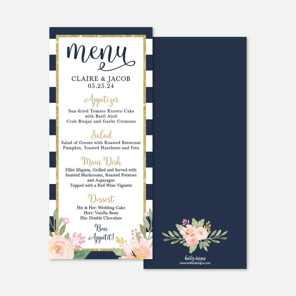 Navy Striped Blush Floral Wedding Menu Printable Template
