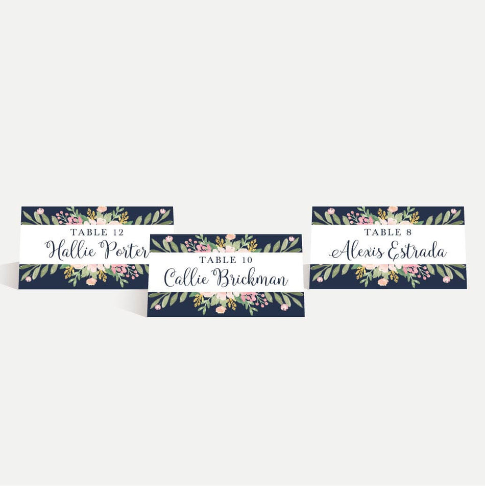 Navy Striped Blush Floral Wedding Place Cards Printable Template