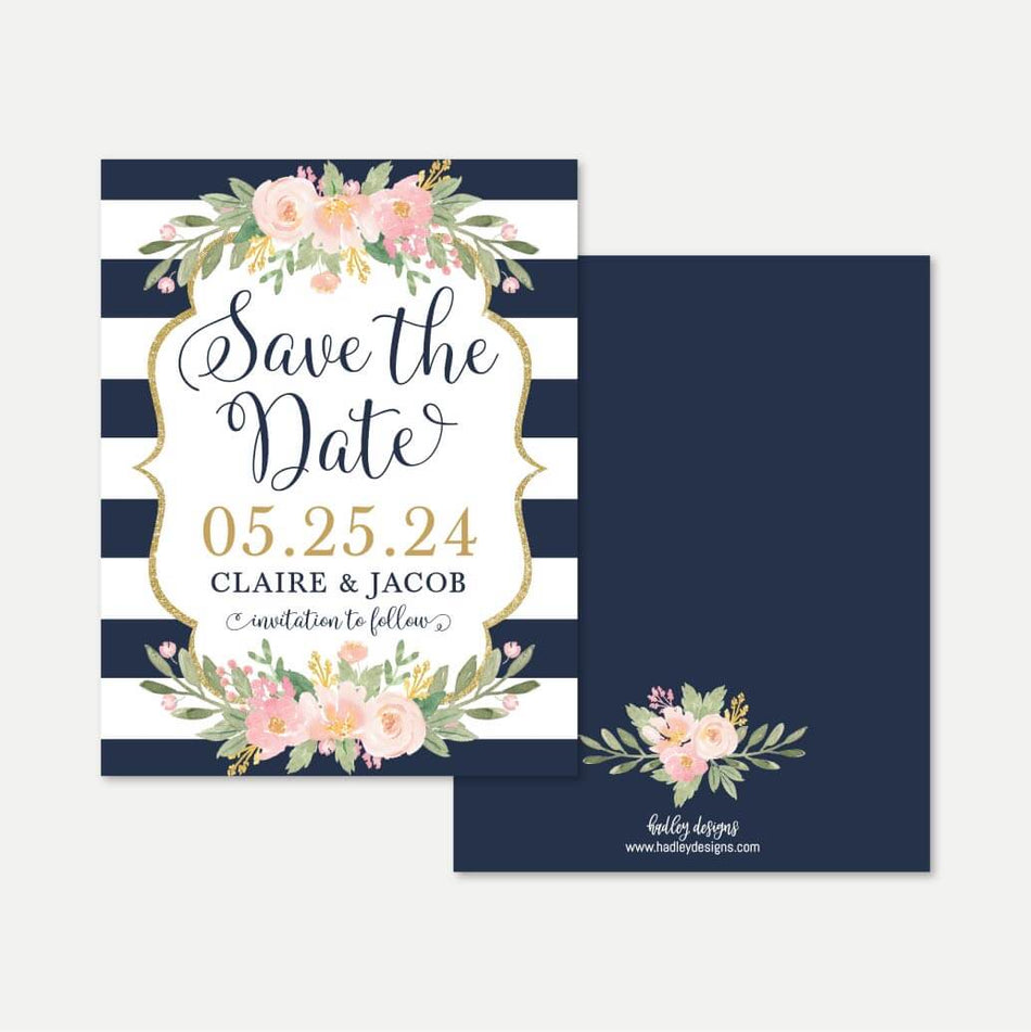 Navy Striped Blush Floral Wedding Save The Date Printable Template