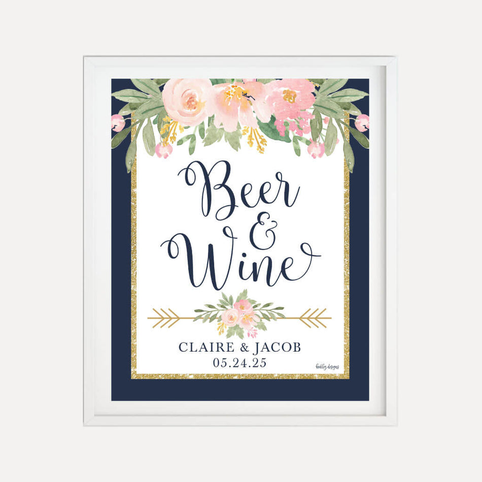 Navy Striped Blush Floral Wedding Bar Drinks Sign Printable Template
