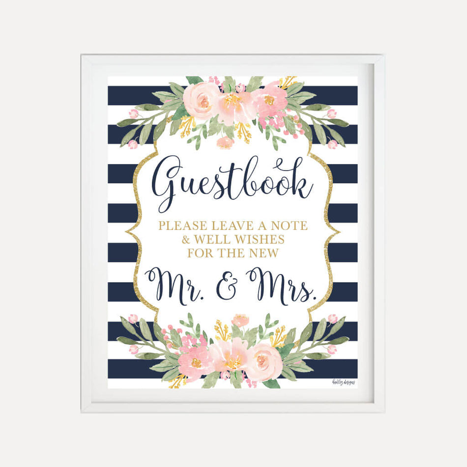 Navy Striped Blush Floral Wedding Guestbook Sign Printable Template