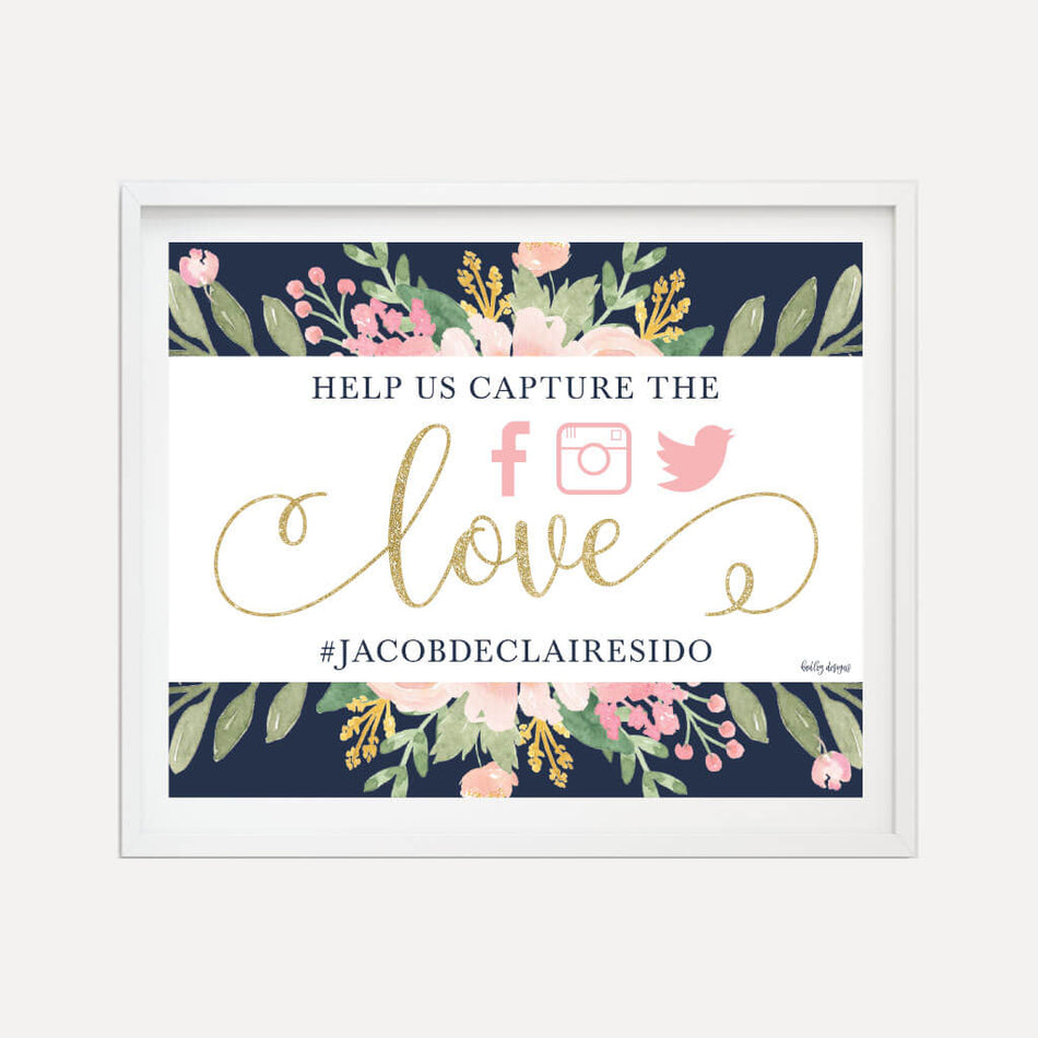 Navy Striped Blush Floral Wedding Hashtag Sign Printable Template