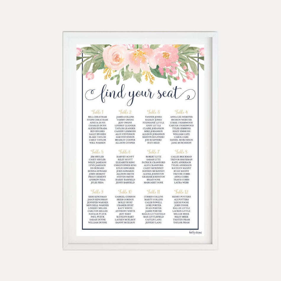 Navy Striped Blush Floral Wedding Seating Chart Sign Printable Template